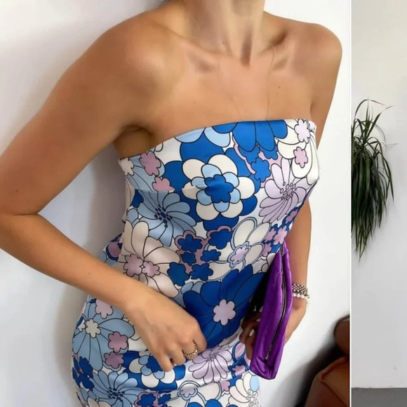 Zara Retro Floral Satin Effect Strapless Midi Dress NWT Blue White Purple Small - Picture 3 of 16